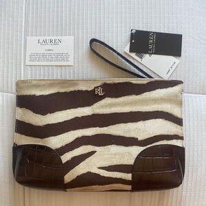 Lauren Ralph Lauren Zebra Print Wristlet with Brown Trim